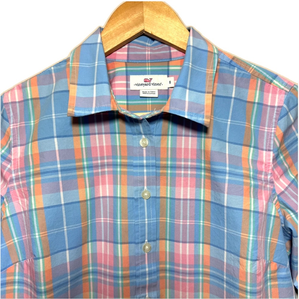 Vineyard Vines Women's Blue Pink Plaid 3/4 Button Popover Top Long Sleeve Size 6 - Picture 3 of 8